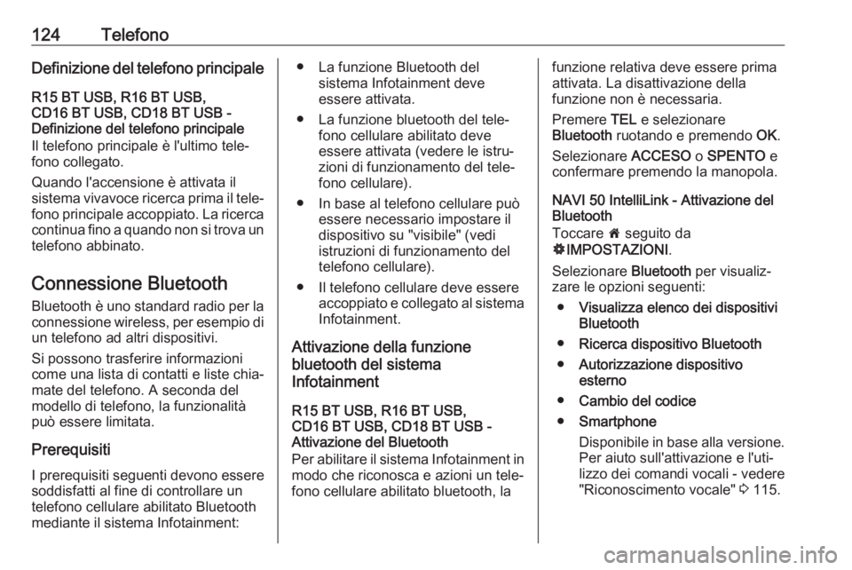OPEL VIVARO B 2017.5  Manuale del sistema Infotainment (in Italian) 124TelefonoDefinizione del telefono principale
R15 BT USB, R16 BT USB,
CD16 BT USB, CD18 BT USB -
Definizione del telefono principale
Il telefono principale è l'ultimo tele‐
fono collegato.
Qua