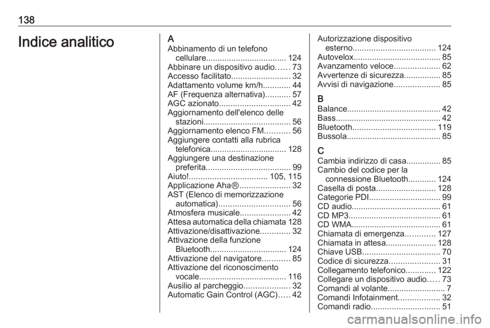 OPEL VIVARO B 2017.5  Manuale del sistema Infotainment (in Italian) 138Indice analiticoAAbbinamento di un telefono cellulare ................................... 124
Abbinare un dispositivo audio ......73
Accesso facilitato ..........................32
Adattamento volu