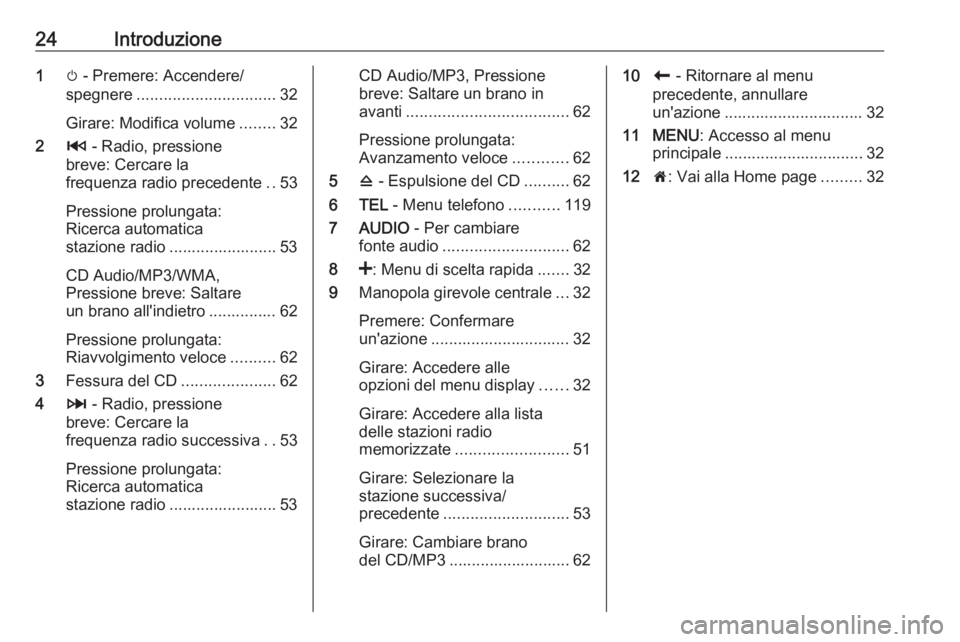 OPEL VIVARO B 2017.5  Manuale del sistema Infotainment (in Italian) 24Introduzione1m - Premere: Accendere/
spegnere ............................... 32
Girare: Modifica volume ........32
2 2 - Radio, pressione
breve: Cercare la
frequenza radio precedente ..53
Pressione