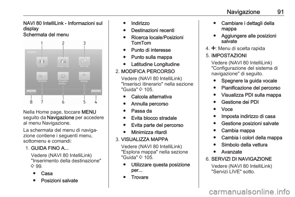 OPEL VIVARO B 2017.5  Manuale del sistema Infotainment (in Italian) Navigazione91NAVI 80 IntelliLink - Informazioni sul
displaySchermata del menu
Nella Home page, toccare  MENU
seguito da  Navigazione  per accedere
al menu Navigazione.
La schermata del menu di naviga�