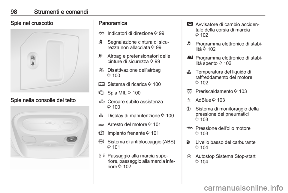 OPEL MOVANO_B 2017.5  Manuale di uso e manutenzione (in Italian) 98Strumenti e comandiSpie nel cruscotto
Spie nella consolle del tetto
PanoramicaOIndicatori di direzione 3 99XSegnalazione cintura di sicu‐
rezza non allacciata  3 99vAirbag e pretensionatori delle
