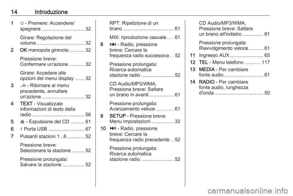 OPEL MOVANO_B 2018  Manuale del sistema Infotainment (in Italian) 14Introduzione1m - Premere: Accendere/
spegnere ............................... 32
Girare: Regolazione del
volume .................................. 32
2 OK  manopola girevole ..........32
Pressione b