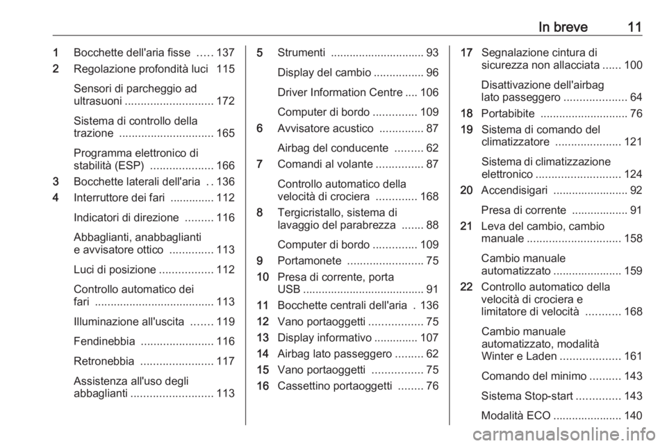 OPEL MOVANO_B 2018  Manuale di uso e manutenzione (in Italian) In breve111Bocchette dell'aria fisse  .....137
2 Regolazione profondità luci  115
Sensori di parcheggio ad
ultrasuoni ............................ 172
Sistema di controllo della
trazione  .......
