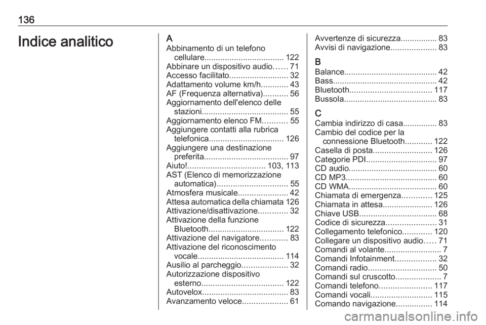 OPEL VIVARO B 2018.5 Manuale del sistema Infotainment (in Italian) 136Indice analiticoAAbbinamento di un telefono cellulare ................................... 122
Abbinare un dispositivo audio ......71
Accesso facilitato ..........................32
Adattamento volu OPEL VIVARO B 2018.5 Manuale del sistema Infotainment (in Italian) 136Indice analiticoAAbbinamento di un telefono cellulare ................................... 122
Abbinare un dispositivo audio ......71
Accesso facilitato ..........................32
Adattamento volu