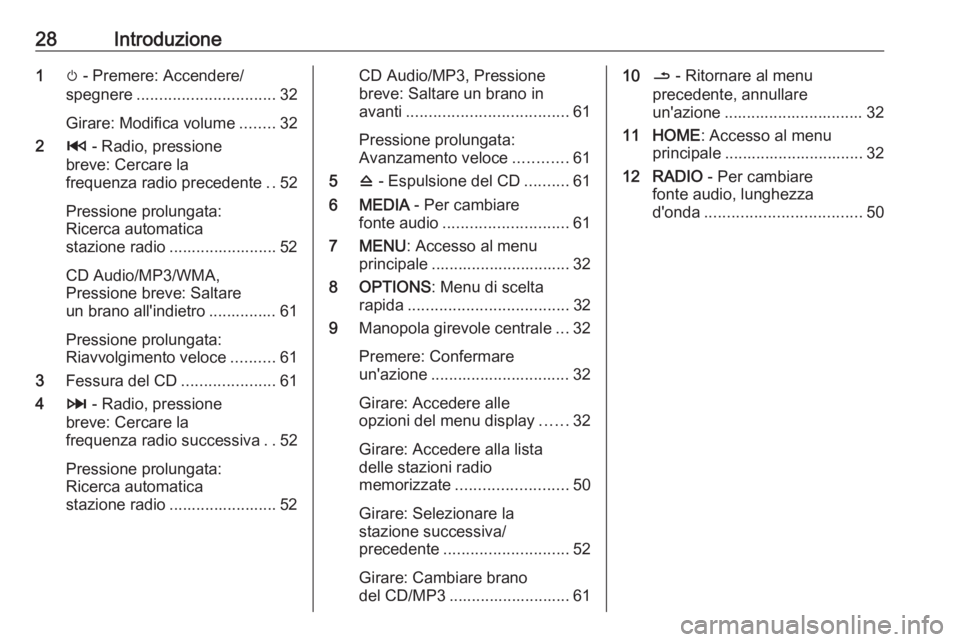 OPEL MOVANO_B 2018.5  Manuale del sistema Infotainment (in Italian) 28Introduzione1m - Premere: Accendere/
spegnere ............................... 32
Girare: Modifica volume ........32
2 2 - Radio, pressione
breve: Cercare la
frequenza radio precedente ..52
Pressione