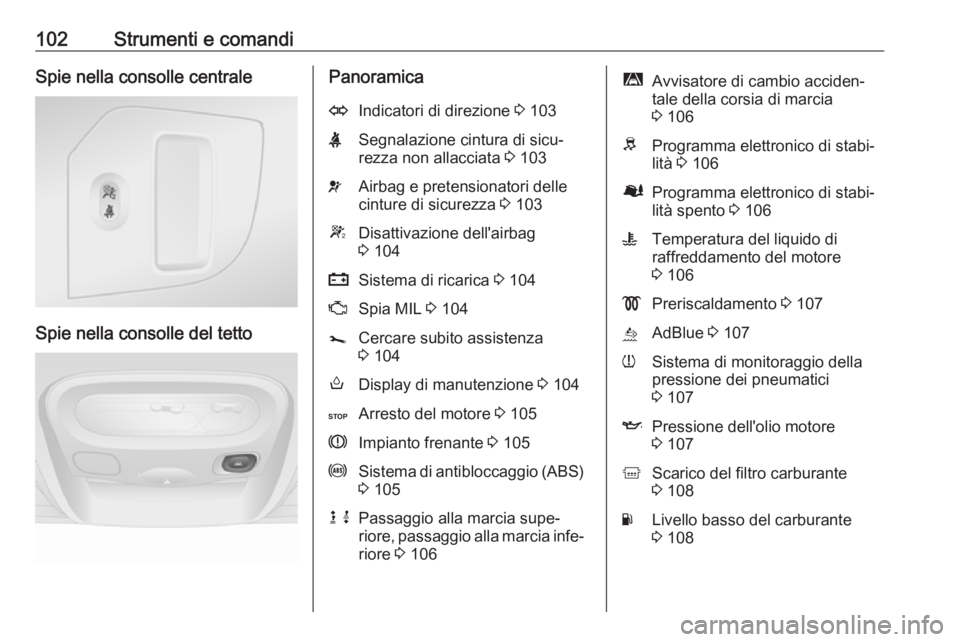 OPEL MOVANO_B 2018.5 Manuale di uso e manutenzione (in Italian) 102Strumenti e comandiSpie nella consolle centrale
Spie nella consolle del tetto
PanoramicaOIndicatori di direzione 3 103XSegnalazione cintura di sicu‐
rezza non allacciata 3 103vAirbag e pretensio OPEL MOVANO_B 2018.5 Manuale di uso e manutenzione (in Italian) 102Strumenti e comandiSpie nella consolle centrale
Spie nella consolle del tetto
PanoramicaOIndicatori di direzione 3 103XSegnalazione cintura di sicu‐
rezza non allacciata 3 103vAirbag e pretensio