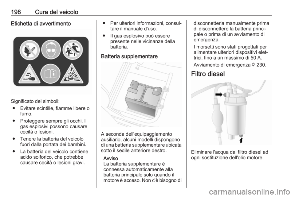OPEL MOVANO_B 2018.5 Manuale di uso e manutenzione (in Italian) 198Cura del veicoloEtichetta di avvertimento
Significato dei simboli:● Evitare scintille, fiamme libere o fumo.
● Proteggere sempre gli occhi. I gas esplosivi possono causare
cecità o lesioni.
OPEL MOVANO_B 2018.5 Manuale di uso e manutenzione (in Italian) 198Cura del veicoloEtichetta di avvertimento
Significato dei simboli:● Evitare scintille, fiamme libere o fumo.
● Proteggere sempre gli occhi. I gas esplosivi possono causare
cecità o lesioni.