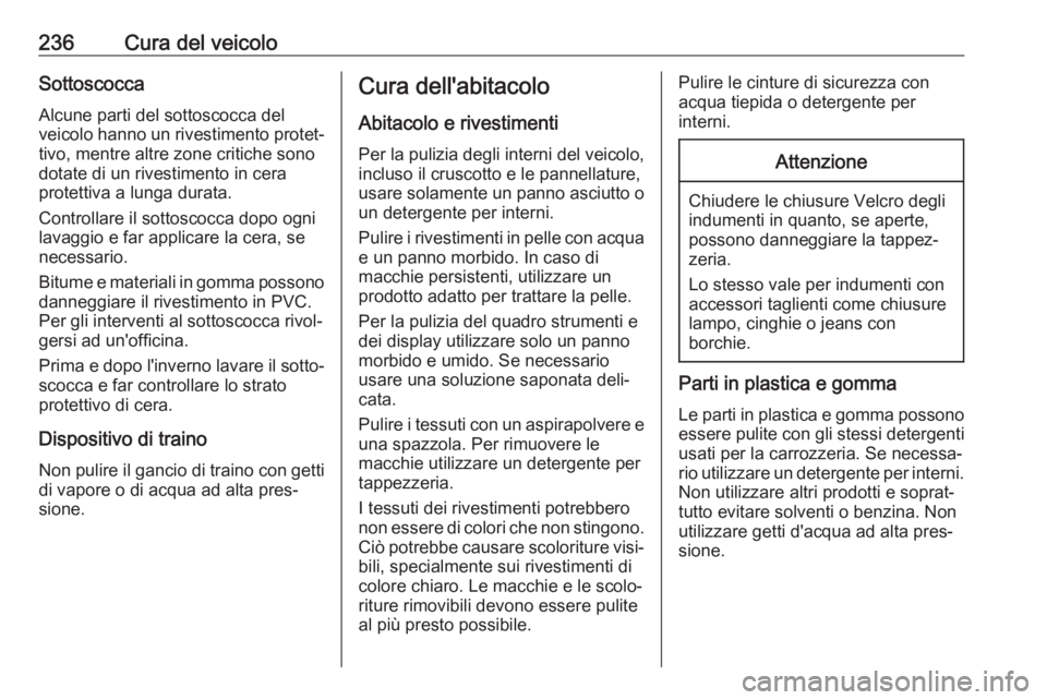 OPEL MOVANO_B 2018.5 Manuale di uso e manutenzione (in Italian) 236Cura del veicoloSottoscoccaAlcune parti del sottoscocca del
veicolo hanno un rivestimento protet‐
tivo, mentre altre zone critiche sono
dotate di un rivestimento in cera
protettiva a lunga durata OPEL MOVANO_B 2018.5 Manuale di uso e manutenzione (in Italian) 236Cura del veicoloSottoscoccaAlcune parti del sottoscocca del
veicolo hanno un rivestimento protet‐
tivo, mentre altre zone critiche sono
dotate di un rivestimento in cera
protettiva a lunga durata