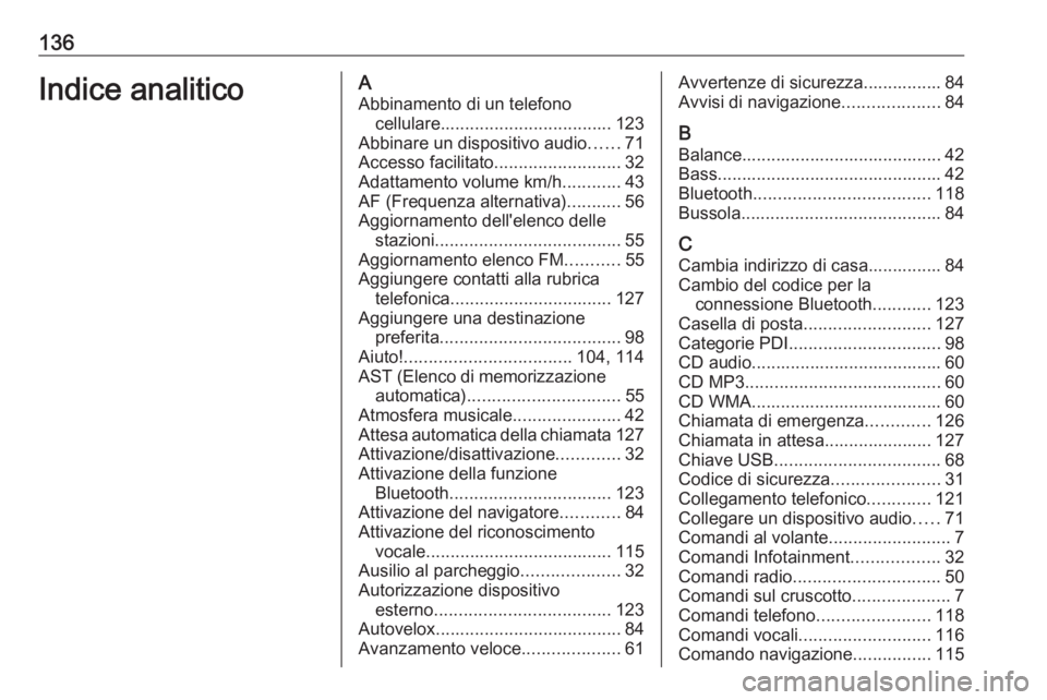 OPEL VIVARO B 2019 Manuale del sistema Infotainment (in Italian) 136Indice analiticoAAbbinamento di un telefono cellulare ................................... 123
Abbinare un dispositivo audio ......71
Accesso facilitato ..........................32
Adattamento volu OPEL VIVARO B 2019 Manuale del sistema Infotainment (in Italian) 136Indice analiticoAAbbinamento di un telefono cellulare ................................... 123
Abbinare un dispositivo audio ......71
Accesso facilitato ..........................32
Adattamento volu