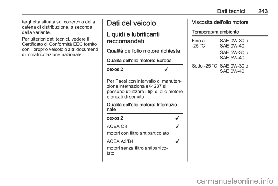 OPEL MOVANO_B 2019 Manuale di uso e manutenzione (in Italian) Dati tecnici243targhetta situata sul coperchio della
catena di distribuzione, a seconda
della variante.
Per ulteriori dati tecnici, vedere il
Certificato di Conformità EEC fornito
con il proprio veic OPEL MOVANO_B 2019 Manuale di uso e manutenzione (in Italian) Dati tecnici243targhetta situata sul coperchio della
catena di distribuzione, a seconda
della variante.
Per ulteriori dati tecnici, vedere il
Certificato di Conformità EEC fornito
con il proprio veic