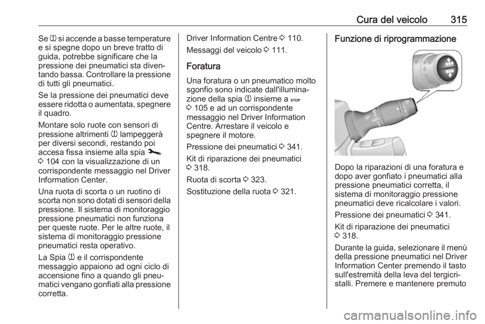 OPEL MOVANO_B 2020 Manuale di uso e manutenzione (in Italian) Cura del veicolo315Se w si accende a basse temperature
e si spegne dopo un breve tratto di
guida, potrebbe significare che la
pressione dei pneumatici sta diven‐ tando bassa. Controllare la pression OPEL MOVANO_B 2020 Manuale di uso e manutenzione (in Italian) Cura del veicolo315Se w si accende a basse temperature
e si spegne dopo un breve tratto di
guida, potrebbe significare che la
pressione dei pneumatici sta diven‐ tando bassa. Controllare la pression