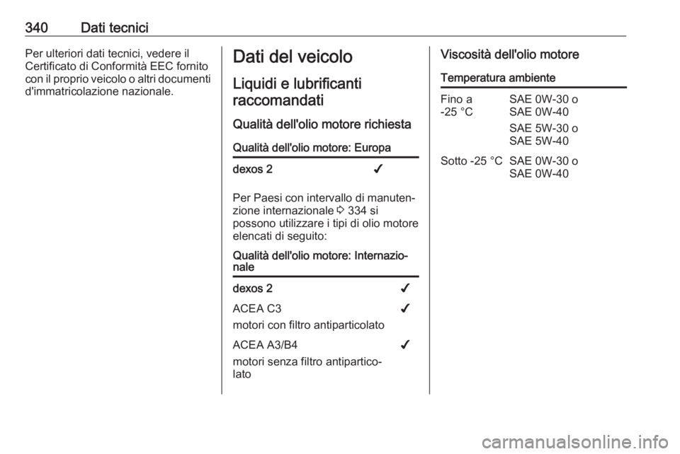 OPEL MOVANO_B 2020  Manuale di uso e manutenzione (in Italian) 340Dati tecniciPer ulteriori dati tecnici, vedere il
Certificato di Conformità EEC fornito
con il proprio veicolo o altri documenti d'immatricolazione nazionale.Dati del veicolo
Liquidi e lubrifi