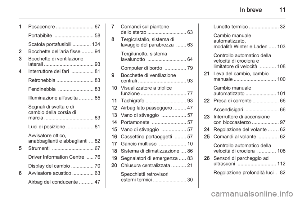 OPEL VIVARO 2014  Manuale di uso e manutenzione (in Italian) In breve11
1Posacenere ........................... 67
Portabibite  ............................ 58
Scatola portafusibili .............134
2 Bocchette dell'aria fisse ........94
3 Bocchette di vent