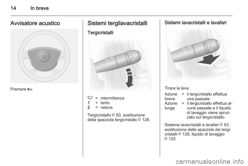 OPEL VIVARO 2014  Manuale di uso e manutenzione (in Italian) 14In breveAvvisatore acustico
Premere j.
Sistemi tergilavacristalli
TergicristalliK=intermittenza1=lento2=veloce
Tergicristallo  3 63, sostituzione
della spazzola tergicristallo  3 128.
Sistemi lavacr