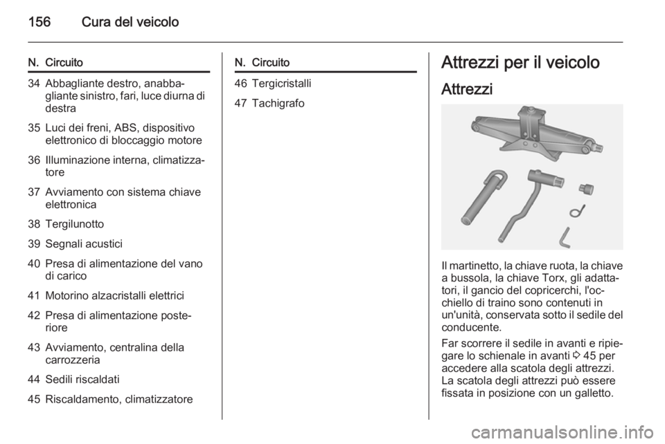 OPEL VIVARO B 2014.5  Manuale di uso e manutenzione (in Italian) 156Cura del veicolo
N.Circuito34Abbagliante destro, anabba‐
gliante sinistro, fari, luce diurna di
destra35Luci dei freni, ABS, dispositivo
elettronico di bloccaggio motore36Illuminazione interna, c