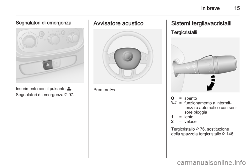 OPEL VIVARO B 2014.5  Manuale di uso e manutenzione (in Italian) In breve15
Segnalatori di emergenza
Inserimento con il pulsante ¨.
Segnalatori di emergenza  3 97.
Avvisatore acustico
Premere  j.
Sistemi tergilavacristalli
Tergicristalli7=spentoK=funzionamento a i