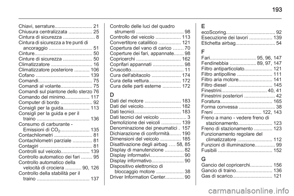 OPEL VIVARO B 2014.5  Manuale di uso e manutenzione (in Italian) 193
Chiavi, serrature........................... 21
Chiusura centralizzata  .................25
Cintura di sicurezza  .......................8
Cintura di sicurezza a tre punti di ancoraggio  .........