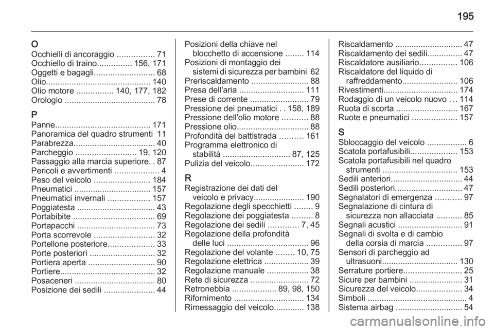 OPEL VIVARO B 2014.5  Manuale di uso e manutenzione (in Italian) 195
O
Occhielli di ancoraggio  ................71
Occhiello di traino ...............156, 171
Oggetti e bagagli .......................... 68
Olio ............................................. 140
Oli