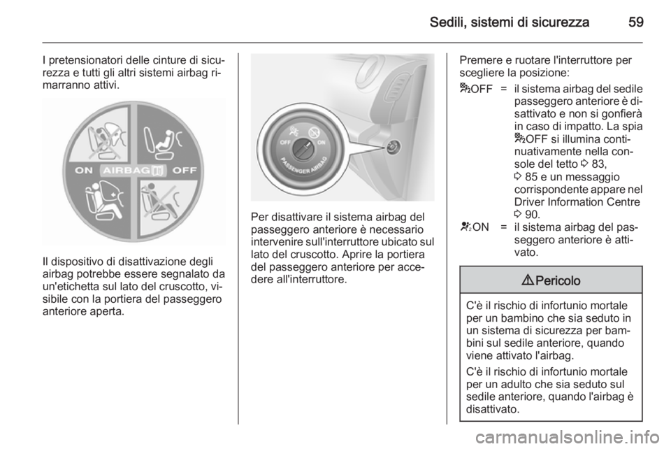 OPEL VIVARO B 2014.5  Manuale di uso e manutenzione (in Italian) Sedili, sistemi di sicurezza59
I pretensionatori delle cinture di sicu‐
rezza e tutti gli altri sistemi airbag ri‐
marranno attivi.
Il dispositivo di disattivazione degli
airbag potrebbe essere se