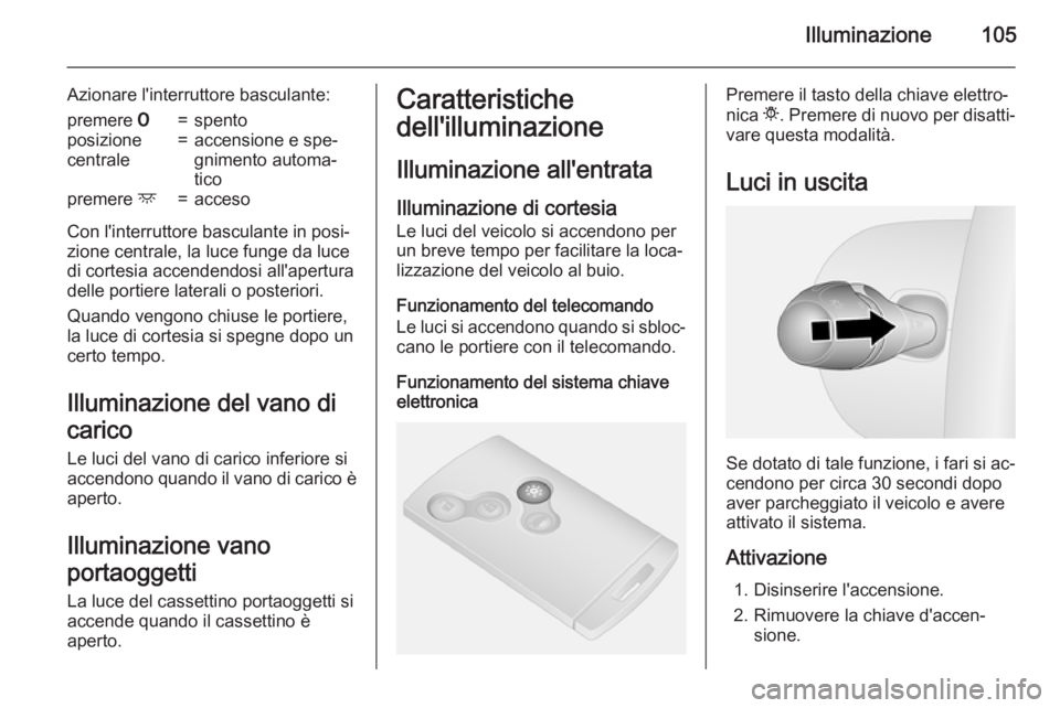 OPEL VIVARO B 2015.5 Manuale di uso e manutenzione (in Italian) Illuminazione105
Azionare l'interruttore basculante:premere 7=spentoposizione
centrale=accensione e spe‐
gnimento automa‐
ticopremere d=acceso
Con l'interruttore basculante in posi‐
zio OPEL VIVARO B 2015.5 Manuale di uso e manutenzione (in Italian) Illuminazione105
Azionare l'interruttore basculante:premere 7=spentoposizione
centrale=accensione e spe‐
gnimento automa‐
ticopremere d=acceso
Con l'interruttore basculante in posi‐
zio