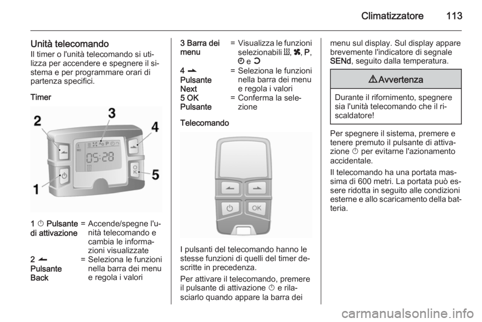 OPEL VIVARO B 2015.5  Manuale di uso e manutenzione (in Italian) Climatizzatore113
Unità telecomandoIl timer o l'unità telecomando si uti‐
lizza per accendere e spegnere il si‐
stema e per programmare orari di
partenza specifici.
Timer1  X  Pulsante
di at