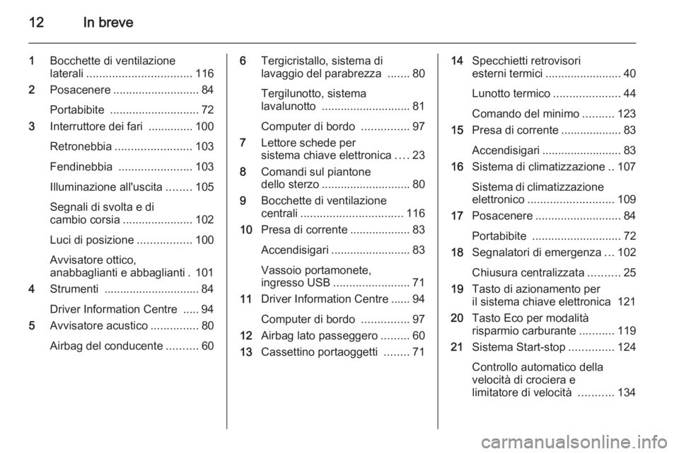 OPEL VIVARO B 2015.5  Manuale di uso e manutenzione (in Italian) 12In breve
1Bocchette di ventilazione
laterali ................................. 116
2 Posacenere ........................... 84
Portabibite  ............................ 72
3 Interruttore dei fari  .