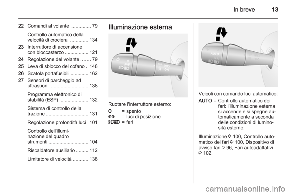 OPEL VIVARO B 2015.5  Manuale di uso e manutenzione (in Italian) In breve13
22Comandi al volante  ..............79
Controllo automatico della
velocità di crociera  .............134
23 Interruttore di accensione
con bloccasterzo .................121
24 Regolazione 