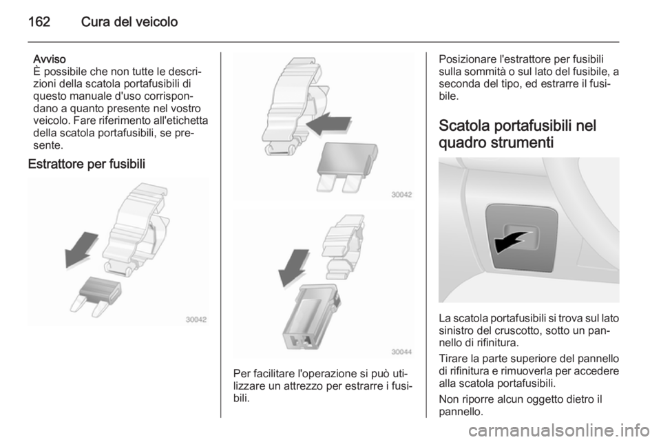 OPEL VIVARO B 2015.5  Manuale di uso e manutenzione (in Italian) 162Cura del veicolo
Avviso
È possibile che non tutte le descri‐ zioni della scatola portafusibili di
questo manuale d'uso corrispon‐
dano a quanto presente nel vostro
veicolo. Fare riferiment