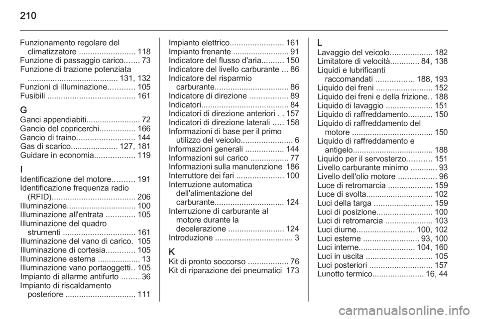 OPEL VIVARO B 2015.5  Manuale di uso e manutenzione (in Italian) 210
Funzionamento regolare delclimatizzatore  ......................... 118
Funzione di passaggio carico .......73
Funzione di trazione potenziata ........................................ 131, 132
Fun
