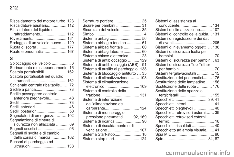 OPEL VIVARO B 2015.5  Manuale di uso e manutenzione (in Italian) 212
Riscaldamento del motore turbo 123
Riscaldatore ausiliario ................112
Riscaldatore del liquido di raffreddamento ........................ 112
Rivestimenti ................................