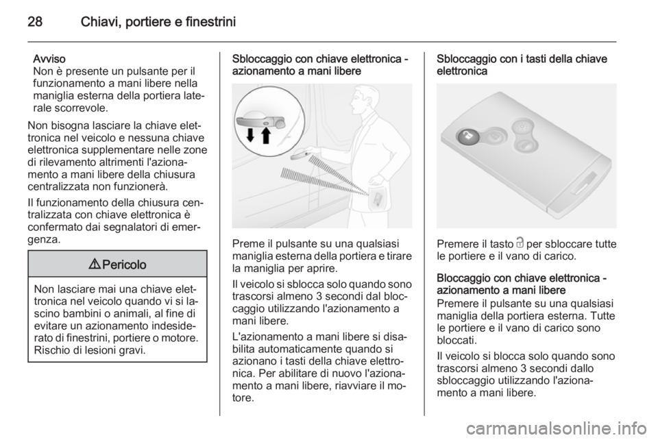 OPEL VIVARO B 2015.5  Manuale di uso e manutenzione (in Italian) 28Chiavi, portiere e finestrini
Avviso
Non è presente un pulsante per il funzionamento a mani libere nellamaniglia esterna della portiera late‐
rale scorrevole.
Non bisogna lasciare la chiave elet�