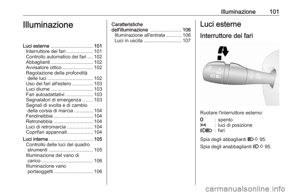 OPEL VIVARO B 2016 Manuale di uso e manutenzione (in Italian) Illuminazione101IlluminazioneLuci esterne............................... 101
Interruttore dei fari ...................101
Controllo automatico dei fari ....102
Abbaglianti ............................ OPEL VIVARO B 2016 Manuale di uso e manutenzione (in Italian) Illuminazione101IlluminazioneLuci esterne............................... 101
Interruttore dei fari ...................101
Controllo automatico dei fari ....102
Abbaglianti ............................