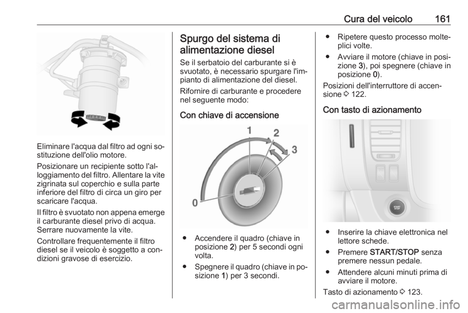 OPEL VIVARO B 2016  Manuale di uso e manutenzione (in Italian) Cura del veicolo161
Eliminare l'acqua dal filtro ad ogni so‐
stituzione dell'olio motore.
Posizionare un recipiente sotto l'al‐
loggiamento del filtro. Allentare la vite zigrinata sul 