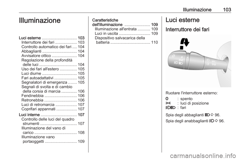 OPEL VIVARO B 2016.5 Manuale di uso e manutenzione (in Italian) Illuminazione103IlluminazioneLuci esterne............................... 103
Interruttore dei fari ...................103
Controllo automatico dei fari ....104
Abbaglianti ............................ OPEL VIVARO B 2016.5 Manuale di uso e manutenzione (in Italian) Illuminazione103IlluminazioneLuci esterne............................... 103
Interruttore dei fari ...................103
Controllo automatico dei fari ....104
Abbaglianti ............................