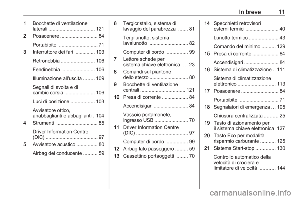 OPEL VIVARO B 2016.5  Manuale di uso e manutenzione (in Italian) In breve111Bocchette di ventilazione
laterali ................................. 121
2 Posacenere ........................... 84
Portabibite  ............................ 71
3 Interruttore dei fari  ..
