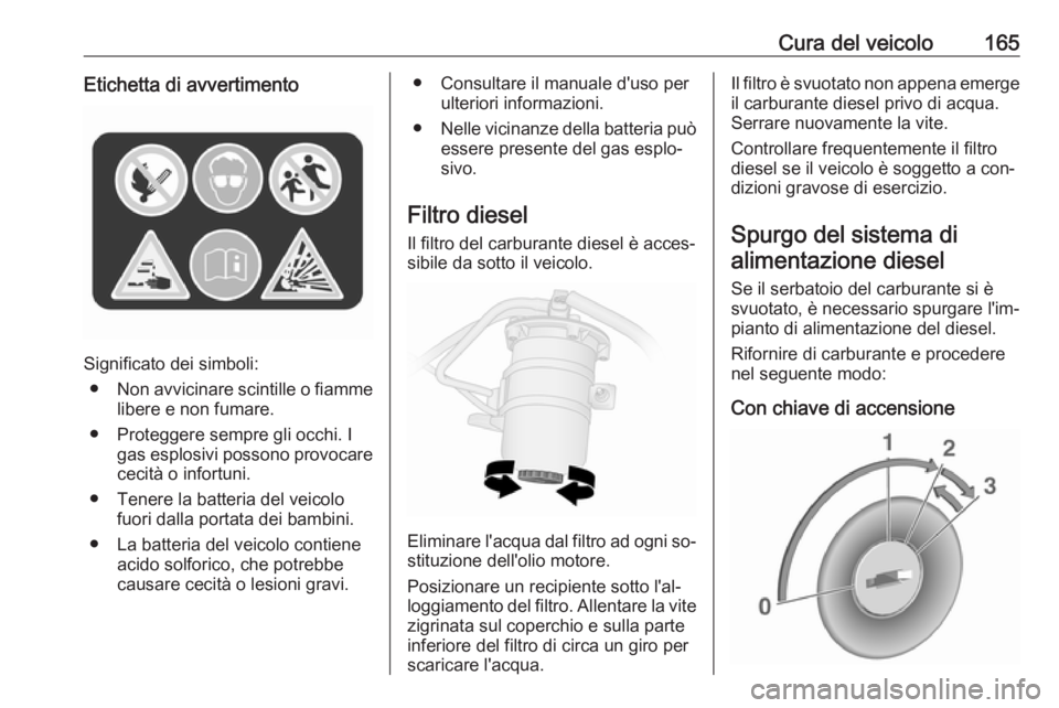 OPEL VIVARO B 2016.5 Manuale di uso e manutenzione (in Italian) Cura del veicolo165Etichetta di avvertimento
Significato dei simboli:● Non avvicinare scintille o fiamme
libere e non fumare.
● Proteggere sempre gli occhi. I gas esplosivi possono provocare
cecit OPEL VIVARO B 2016.5 Manuale di uso e manutenzione (in Italian) Cura del veicolo165Etichetta di avvertimento
Significato dei simboli:● Non avvicinare scintille o fiamme
libere e non fumare.
● Proteggere sempre gli occhi. I gas esplosivi possono provocare
cecit