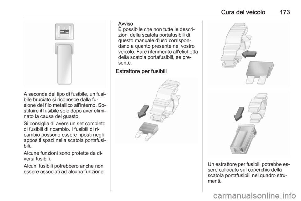 OPEL VIVARO B 2016.5 Manuale di uso e manutenzione (in Italian) Cura del veicolo173
A seconda del tipo di fusibile, un fusi‐bile bruciato si riconosce dalla fu‐
sione del filo metallico all'interno. So‐
stituire il fusibile solo dopo aver elimi‐ nato l OPEL VIVARO B 2016.5 Manuale di uso e manutenzione (in Italian) Cura del veicolo173
A seconda del tipo di fusibile, un fusi‐bile bruciato si riconosce dalla fu‐
sione del filo metallico all'interno. So‐
stituire il fusibile solo dopo aver elimi‐ nato l