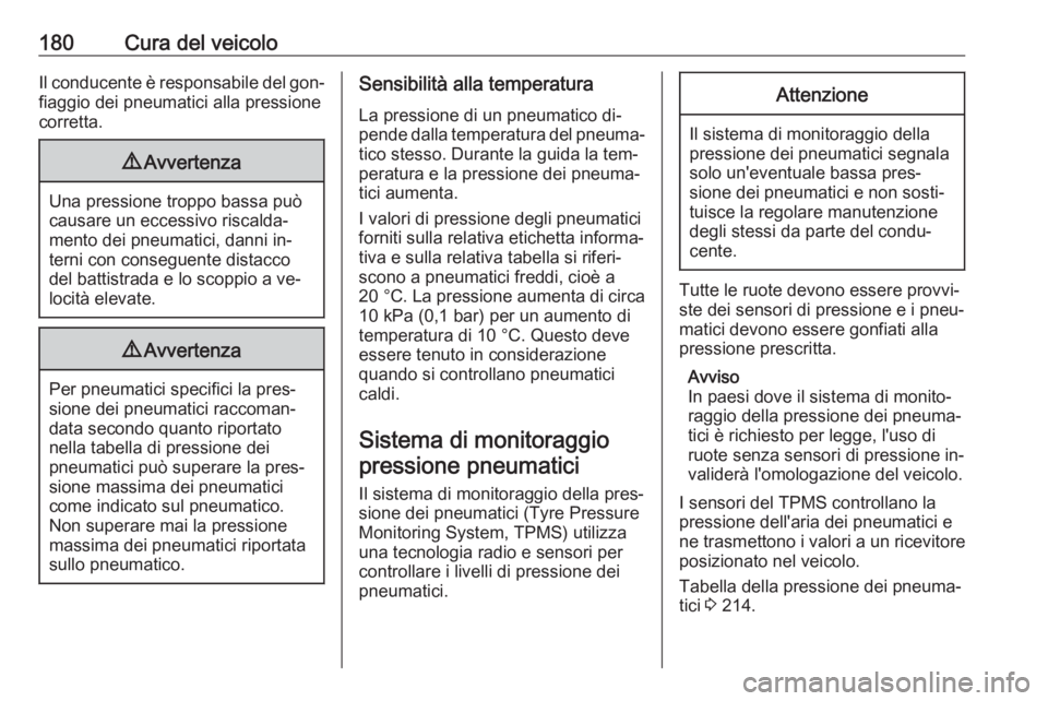 OPEL VIVARO B 2016.5  Manuale di uso e manutenzione (in Italian) 180Cura del veicoloIl conducente è responsabile del gon‐fiaggio dei pneumatici alla pressione
corretta.9 Avvertenza
Una pressione troppo bassa può
causare un eccessivo riscalda‐
mento dei pneuma
