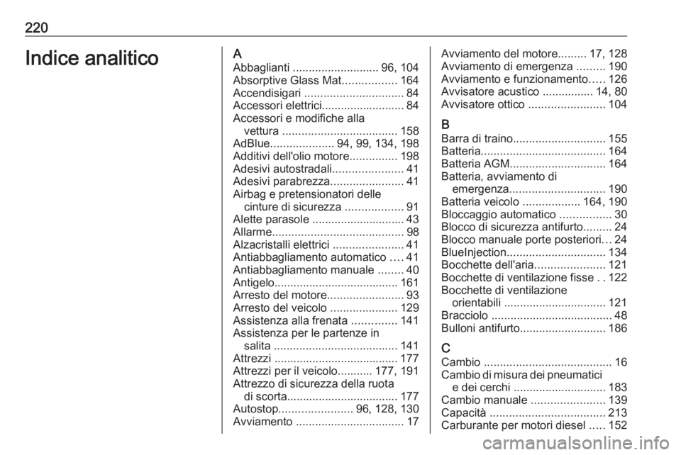 OPEL VIVARO B 2016.5 Manuale di uso e manutenzione (in Italian) 220Indice analiticoAAbbaglianti ........................... 96, 104
Absorptive Glass Mat .................164
Accendisigari ............................... 84
Accessori elettrici.................... OPEL VIVARO B 2016.5 Manuale di uso e manutenzione (in Italian) 220Indice analiticoAAbbaglianti ........................... 96, 104
Absorptive Glass Mat .................164
Accendisigari ............................... 84
Accessori elettrici....................