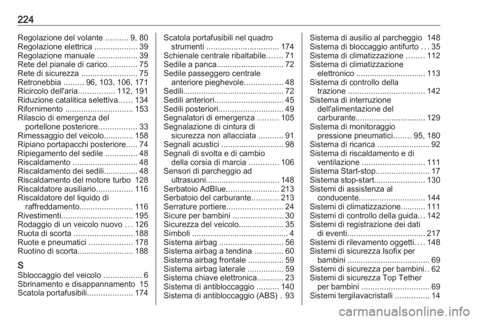 OPEL VIVARO B 2016.5  Manuale di uso e manutenzione (in Italian) 224Regolazione del volante ..........9, 80
Regolazione elettrica  ...................39
Regolazione manuale  ..................39
Rete del pianale di carico .............75
Rete di sicurezza  ........
