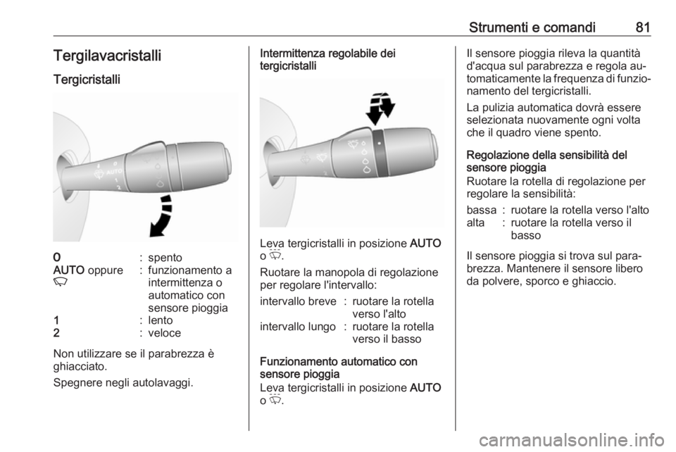 OPEL VIVARO B 2016.5  Manuale di uso e manutenzione (in Italian) Strumenti e comandi81TergilavacristalliTergicristalli7:spentoAUTO  oppure
K:funzionamento a
intermittenza o
automatico con
sensore pioggia1:lento2:veloce
Non utilizzare se il parabrezza è
ghiacciato.