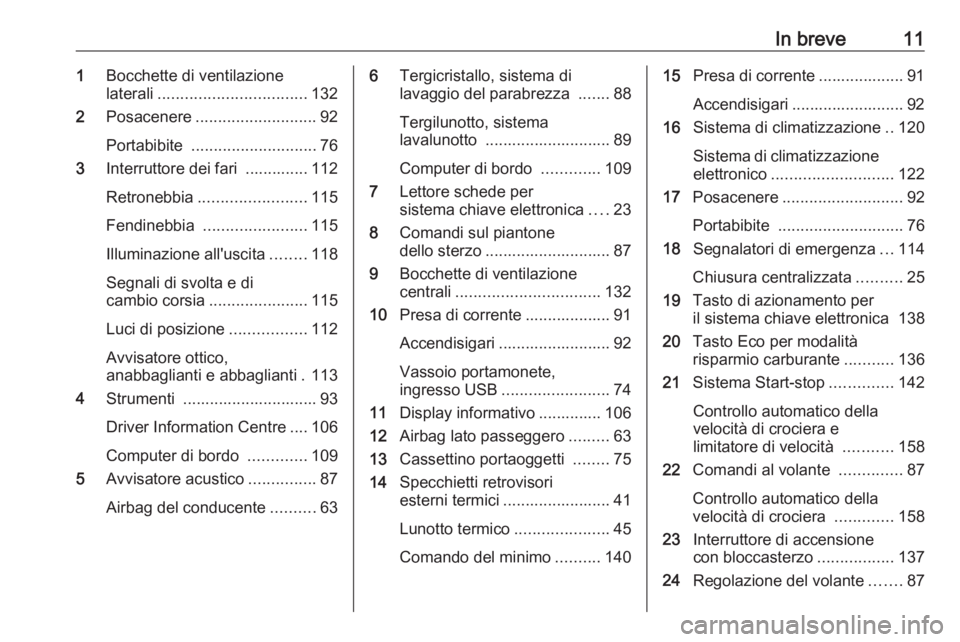 OPEL VIVARO B 2017.5  Manuale di uso e manutenzione (in Italian) In breve111Bocchette di ventilazione
laterali ................................. 132
2 Posacenere ........................... 92
Portabibite  ............................ 76
3 Interruttore dei fari  ..