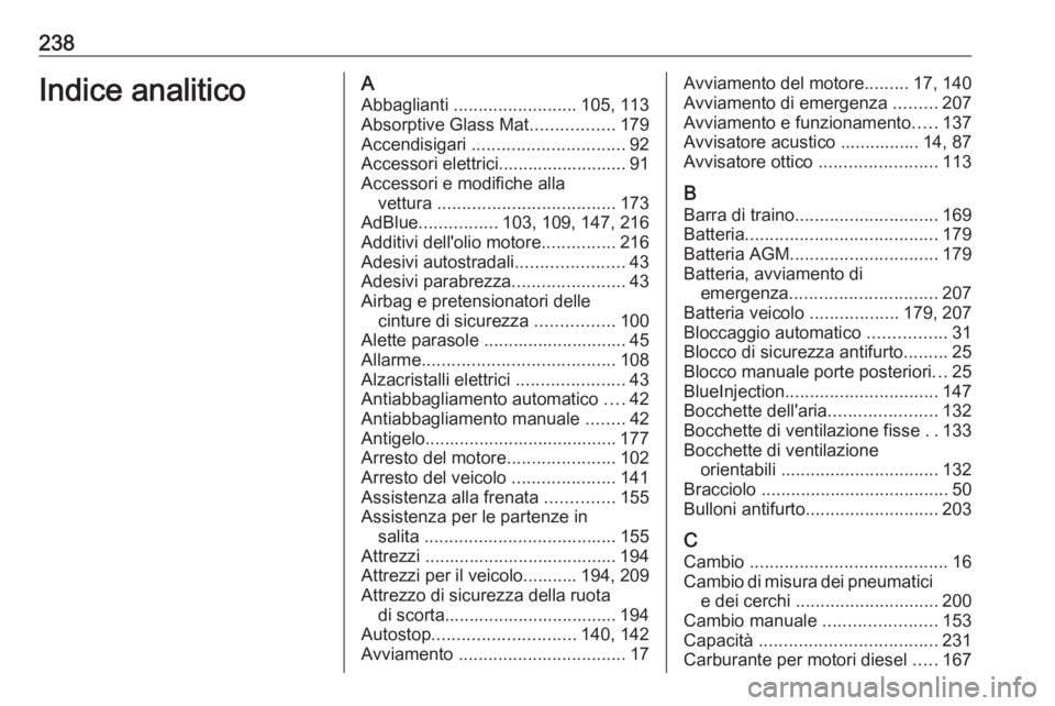 OPEL VIVARO B 2017.5 Manuale di uso e manutenzione (in Italian) 238Indice analiticoAAbbaglianti ......................... 105, 113
Absorptive Glass Mat .................179
Accendisigari ............................... 92
Accessori elettrici..................... OPEL VIVARO B 2017.5 Manuale di uso e manutenzione (in Italian) 238Indice analiticoAAbbaglianti ......................... 105, 113
Absorptive Glass Mat .................179
Accendisigari ............................... 92
Accessori elettrici.....................