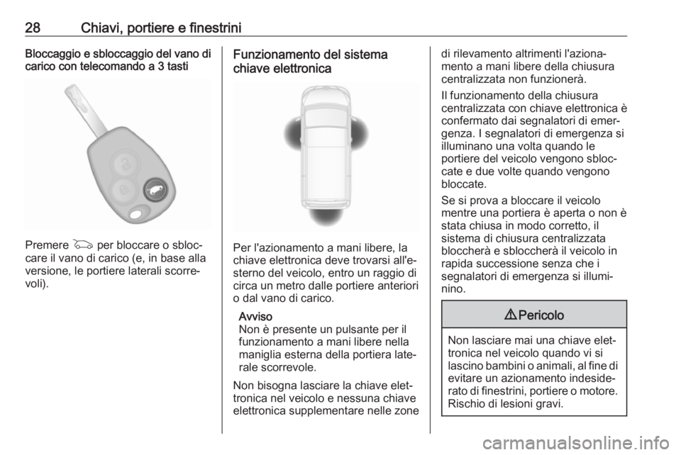 OPEL VIVARO B 2017.5  Manuale di uso e manutenzione (in Italian) 28Chiavi, portiere e finestriniBloccaggio e sbloccaggio del vano dicarico con telecomando a 3 tasti
Premere  G per bloccare o sbloc‐
care il vano di carico (e, in base alla
versione, le portiere lat
