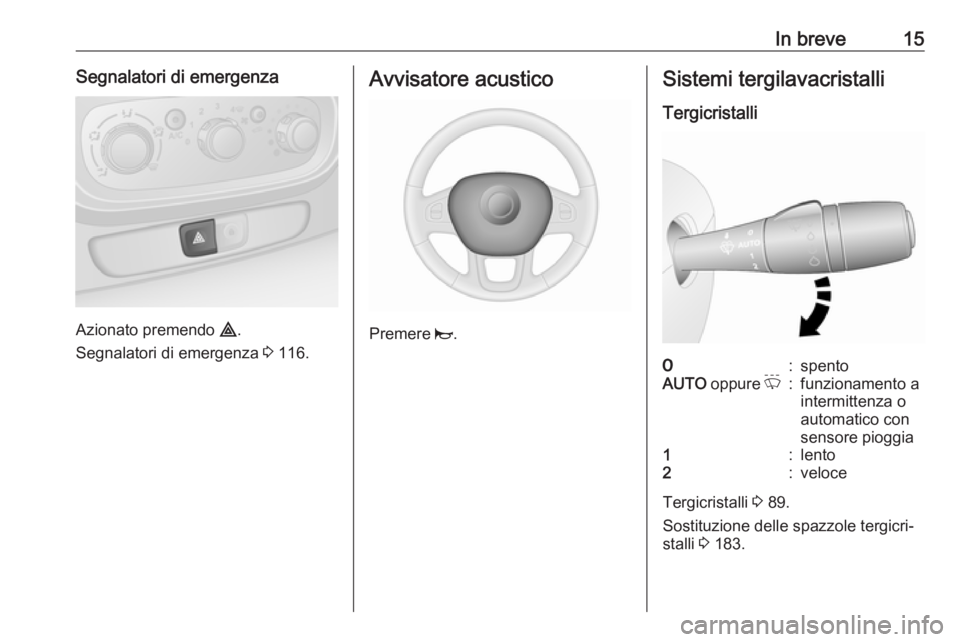 OPEL VIVARO B 2018  Manuale di uso e manutenzione (in Italian) In breve15Segnalatori di emergenza
Azionato premendo ¨.
Segnalatori di emergenza  3 116.
Avvisatore acustico
Premere  j.
Sistemi tergilavacristalli
Tergicristalli7:spentoAUTO  oppure  P:funzionamento
