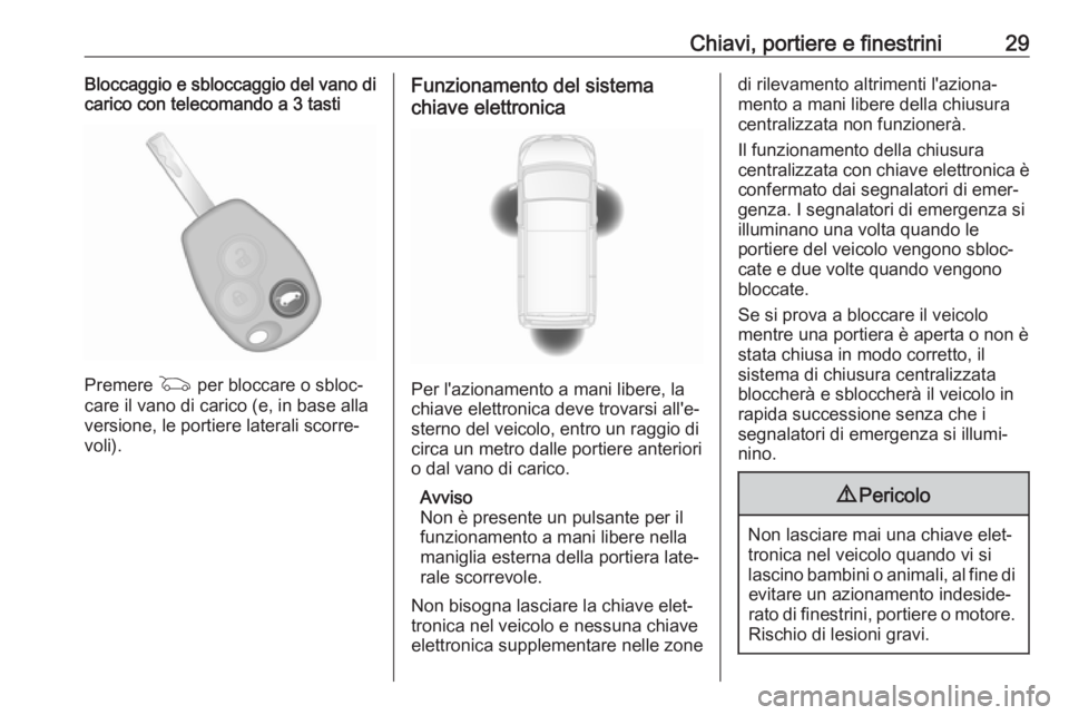 OPEL VIVARO B 2018  Manuale di uso e manutenzione (in Italian) Chiavi, portiere e finestrini29Bloccaggio e sbloccaggio del vano dicarico con telecomando a 3 tasti
Premere  G per bloccare o sbloc‐
care il vano di carico (e, in base alla
versione, le portiere lat