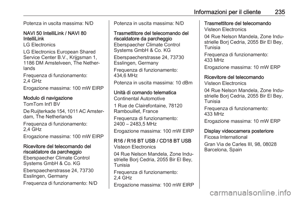 OPEL VIVARO B 2018.5 Manuale di uso e manutenzione (in Italian) Informazioni per il cliente235Potenza in uscita massima: N/D
NAVI 50 IntelliLink / NAVI 80
IntelliLink
LG Electronics
LG Electronics European Shared
Service Center B.V., Krijgsman 1,
1186 DM Amstelvee OPEL VIVARO B 2018.5 Manuale di uso e manutenzione (in Italian) Informazioni per il cliente235Potenza in uscita massima: N/D
NAVI 50 IntelliLink / NAVI 80
IntelliLink
LG Electronics
LG Electronics European Shared
Service Center B.V., Krijgsman 1,
1186 DM Amstelvee