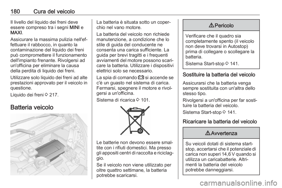 OPEL VIVARO B 2019  Manuale di uso e manutenzione (in Italian) 180Cura del veicoloIl livello del liquido dei freni deve
essere compreso tra i segni  MINI e
MAXI .
Assicurare la massima pulizia nell'ef‐
fettuare il rabbocco, in quanto la
contaminazione del l