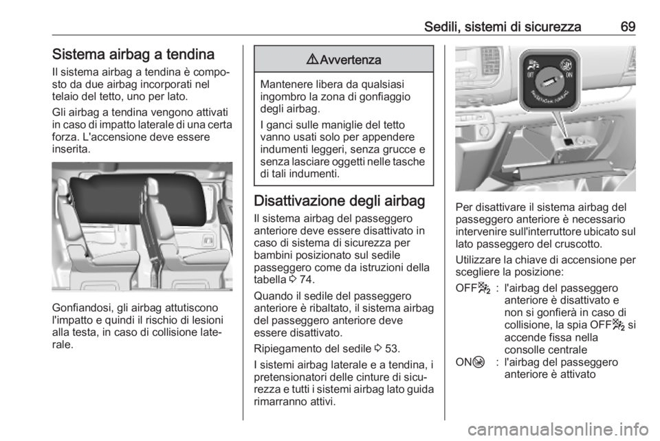 OPEL VIVARO C 2020 Manuale di uso e manutenzione (in Italian) Sedili, sistemi di sicurezza69Sistema airbag a tendina
Il sistema airbag a tendina è compo‐
sto da due airbag incorporati nel
telaio del tetto, uno per lato.
Gli airbag a tendina vengono attivati
i OPEL VIVARO C 2020 Manuale di uso e manutenzione (in Italian) Sedili, sistemi di sicurezza69Sistema airbag a tendina
Il sistema airbag a tendina è compo‐
sto da due airbag incorporati nel
telaio del tetto, uno per lato.
Gli airbag a tendina vengono attivati
i