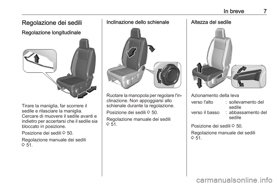 OPEL VIVARO C 2020  Manuale di uso e manutenzione (in Italian) In breve7Regolazione dei sediliRegolazione longitudinale
Tirare la maniglia, far scorrere il
sedile e rilasciare la maniglia.
Cercare di muovere il sedile avanti e indietro per accertarsi che il sedil